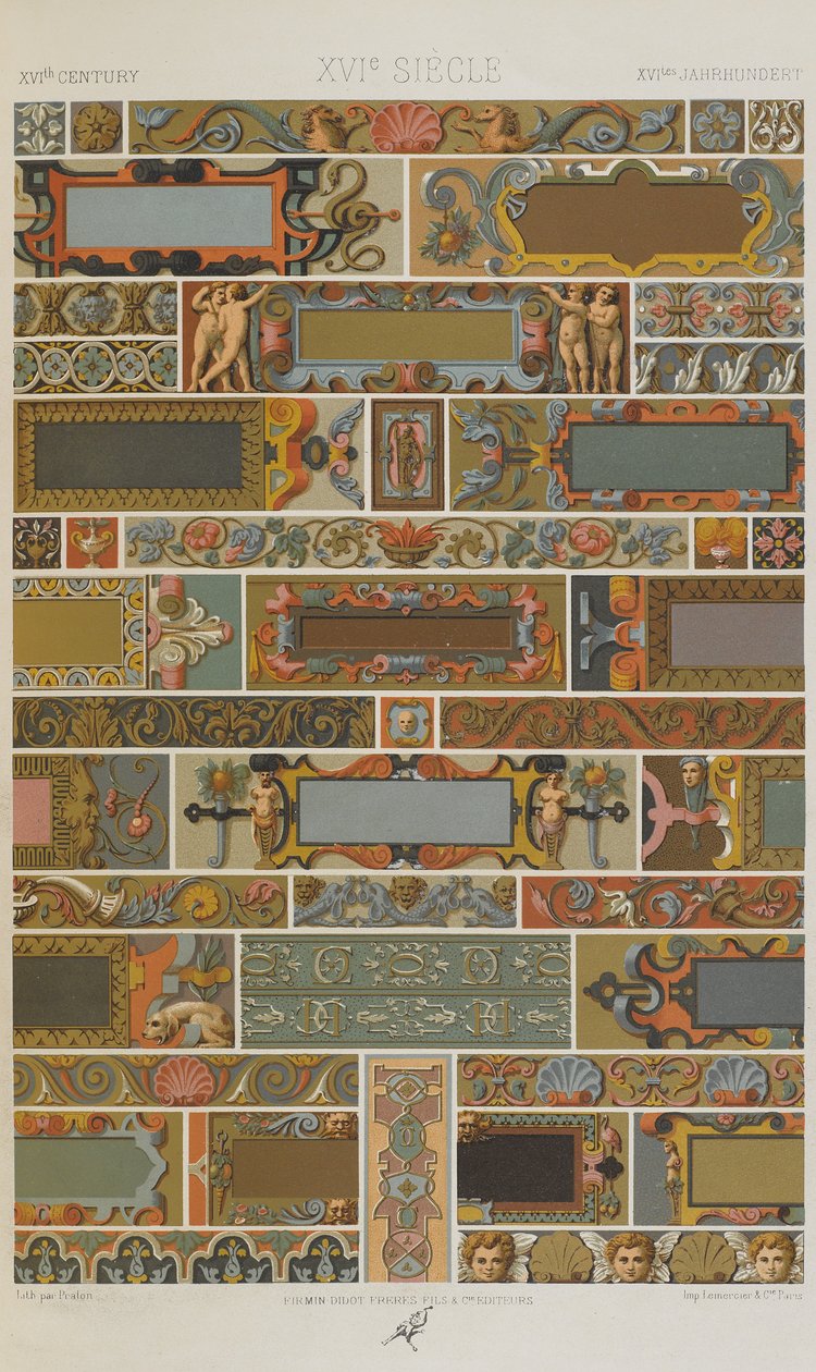 XVI Century, plate 71 from Polychromatic Ornament: One Hundred Plates in Gold, Silver and Colours, 1873 by Albert Charles August Racinet