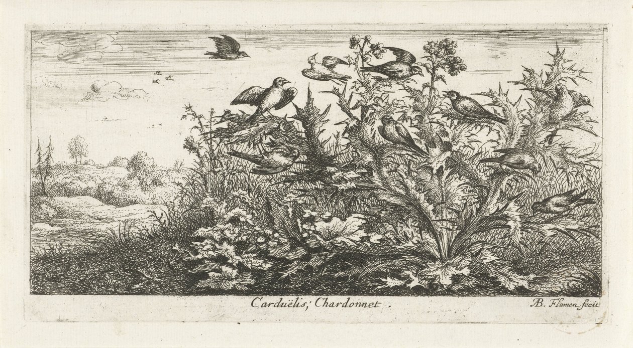 Landscape with Goldfinches in Thistle (Bird Book) by Albert Flamen