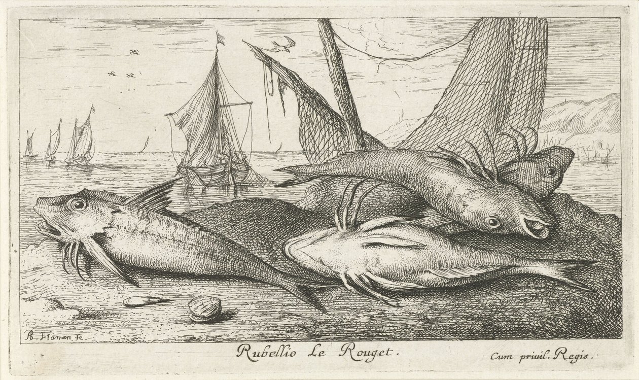 Four Red Mullets on the Beach by Albert Flamen