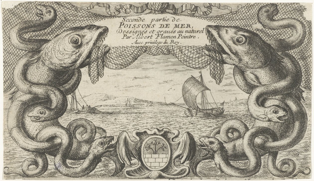 Seascape with Border of Sea Creatures and a Fishing Net by Albert Flamen