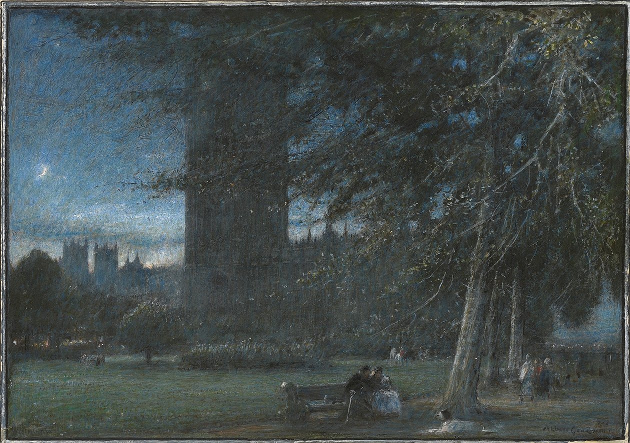 Figures Beneath the Palace of Westminster at Dusk by Albert Goodwin