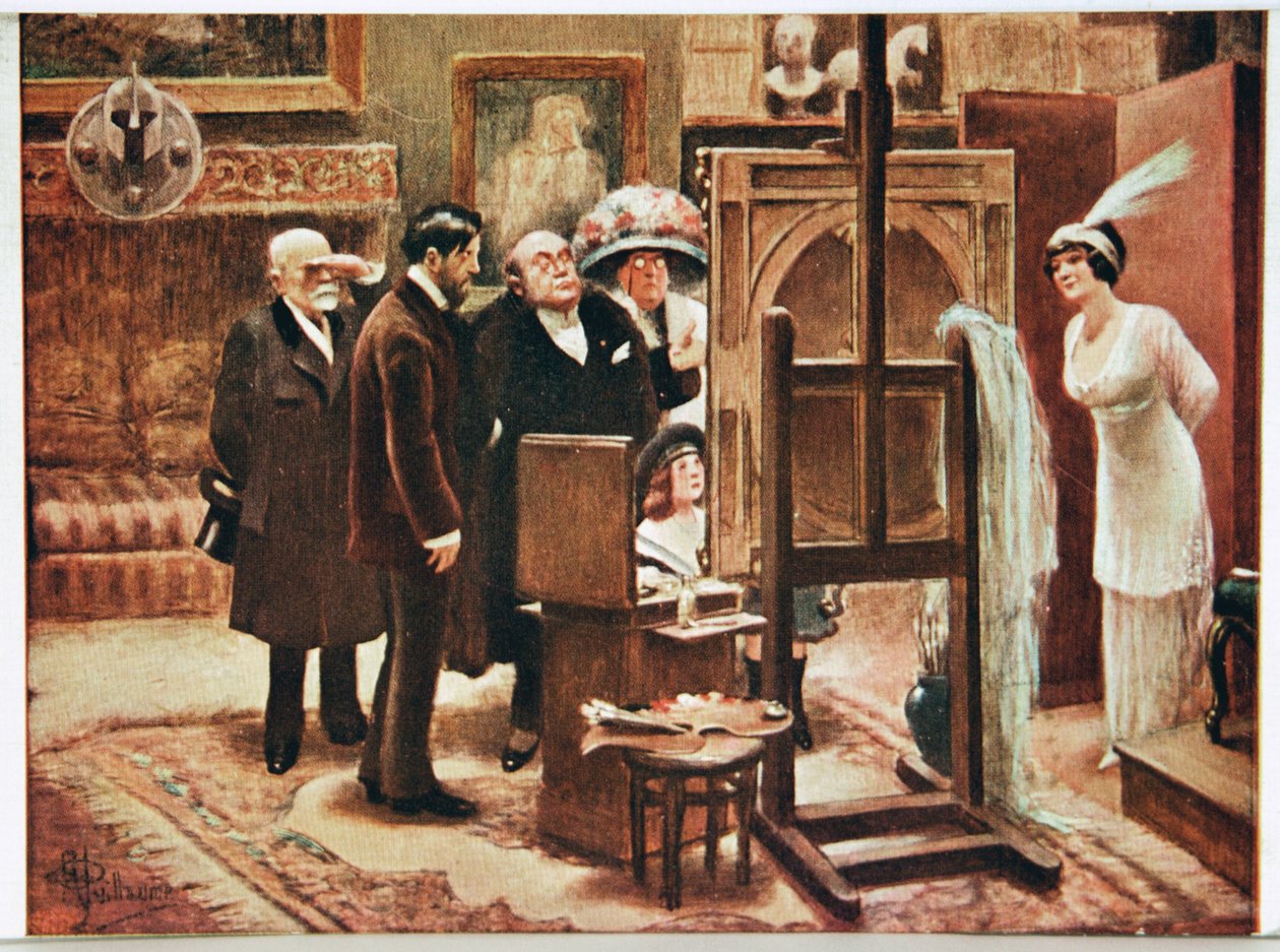 Fine Arts. Painter showing his creation. Postcard by Alfred Guillaume, France, c.1920 by Albert Guillaume