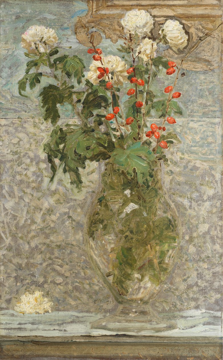 White Chrysanthemums and Red Berries by Albert Joseph Moore