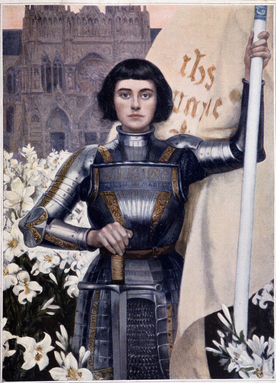 Portrait of Joan of Arc with flag and lilies against the
