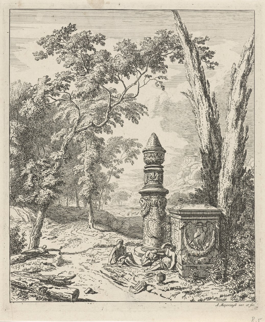 Landscape with Resting Figures by a Tomb Monument by Albert Meyering