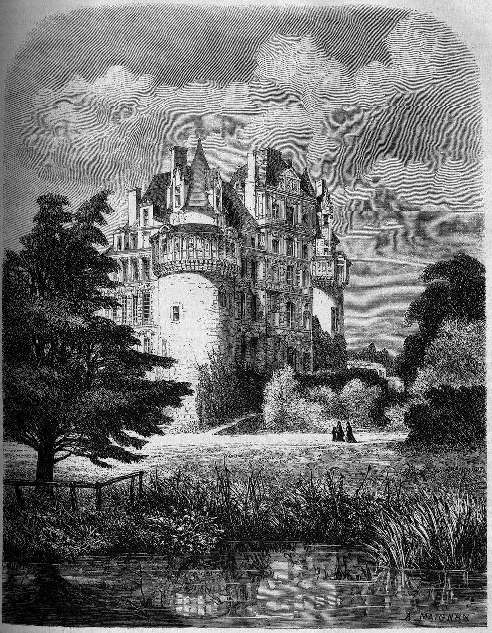 Chateau de la Loire: exterior view of the Chateau de Brissac (Renaissance architecture) by Albert Pierre Rene Maignan