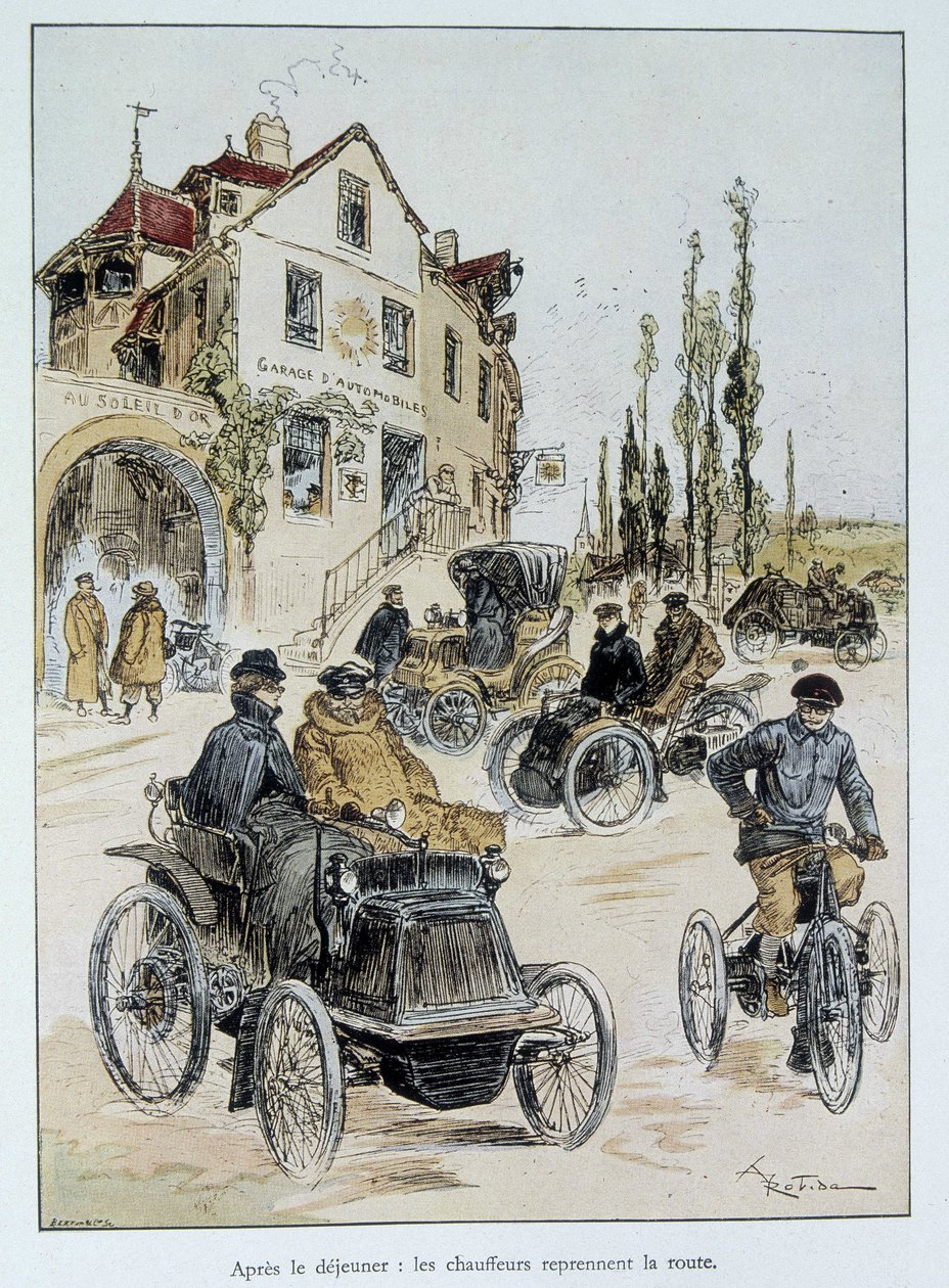 After breakfast, drivers return to the road: the beginning of motor transport by Robida by Albert Robida