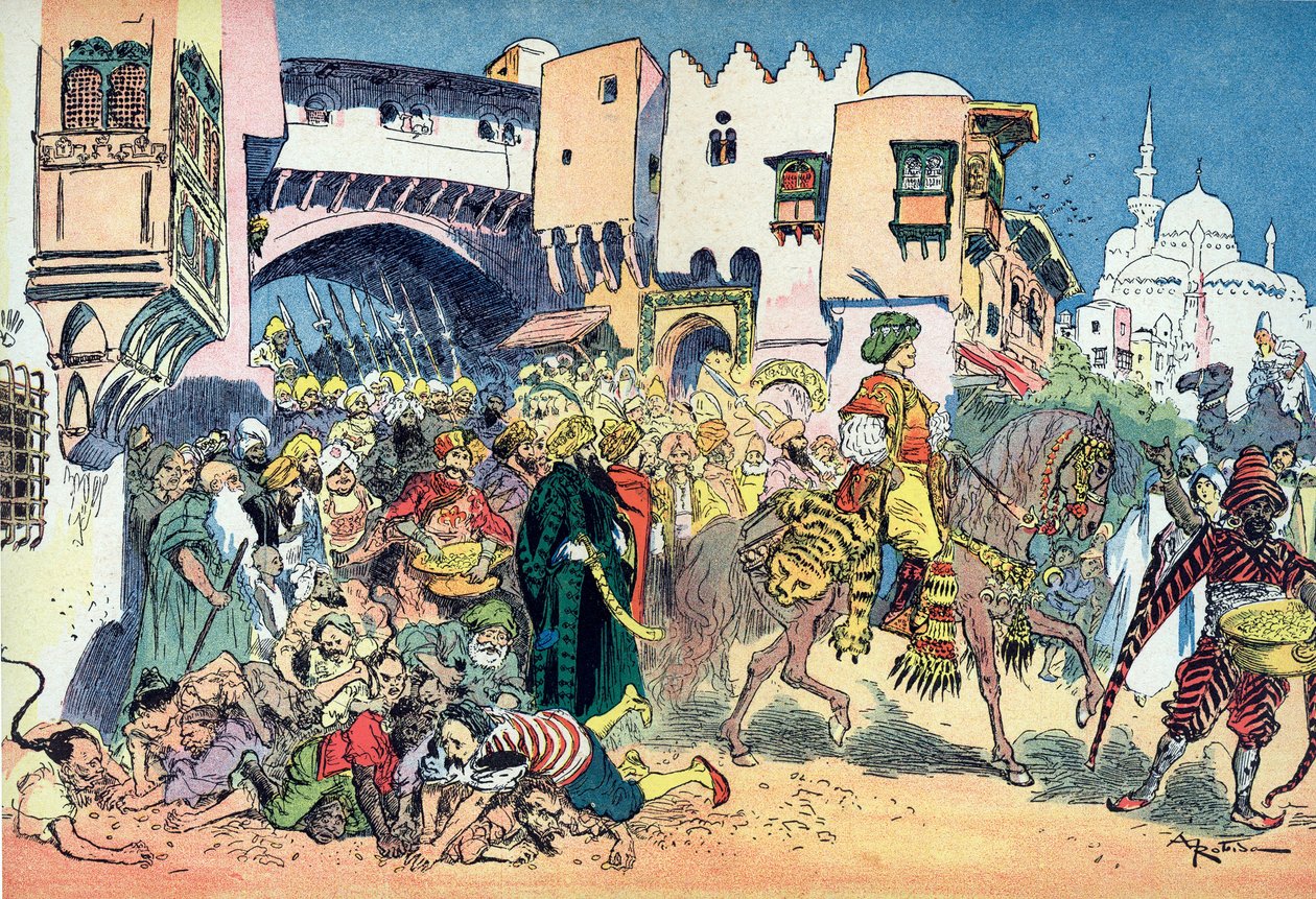 Aladdin Riding Through the Streets of the City and Throwing Money Around Him by Albert Robida