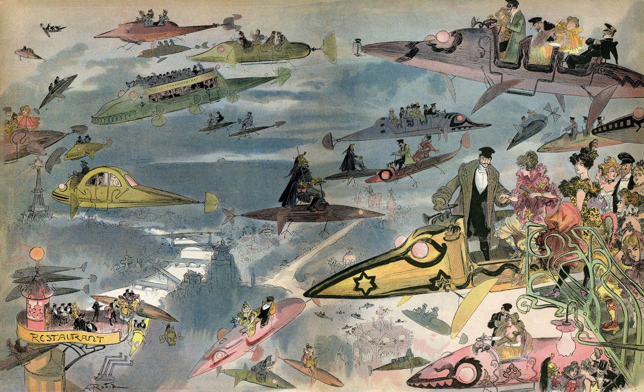 Anticipation: the release of the Paris Opera in 2000, seen by the designer Albert Robida in 1900. Parisians circulate through all kinds of air vehicles. by Albert Robida