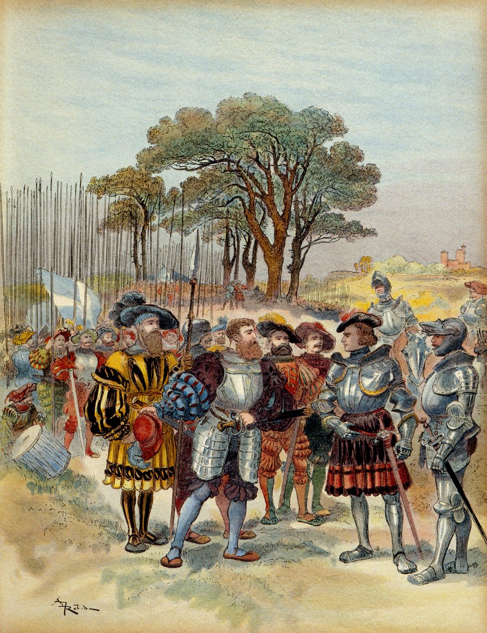 Fifth Italian War: at the camp retreated from the Bicocca in front of Milan, in 1516, the Swiss demanded pay, conge or battle, Odet de Foix, Viscount de Lautrec, marechal of France could not pay them. Illustration by Albert Robida