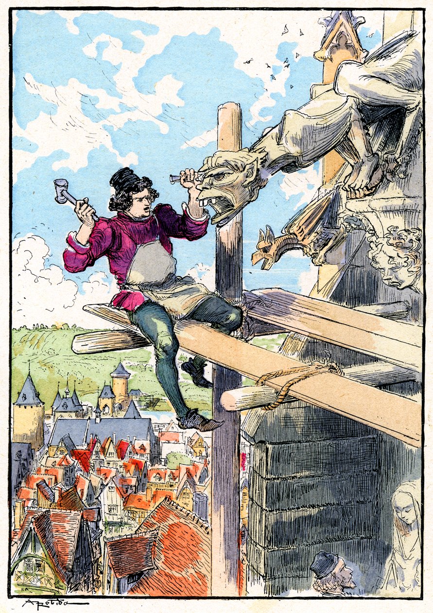 Gargoyle Sculptor on Scaffolding in the 15th Century by Albert Robida