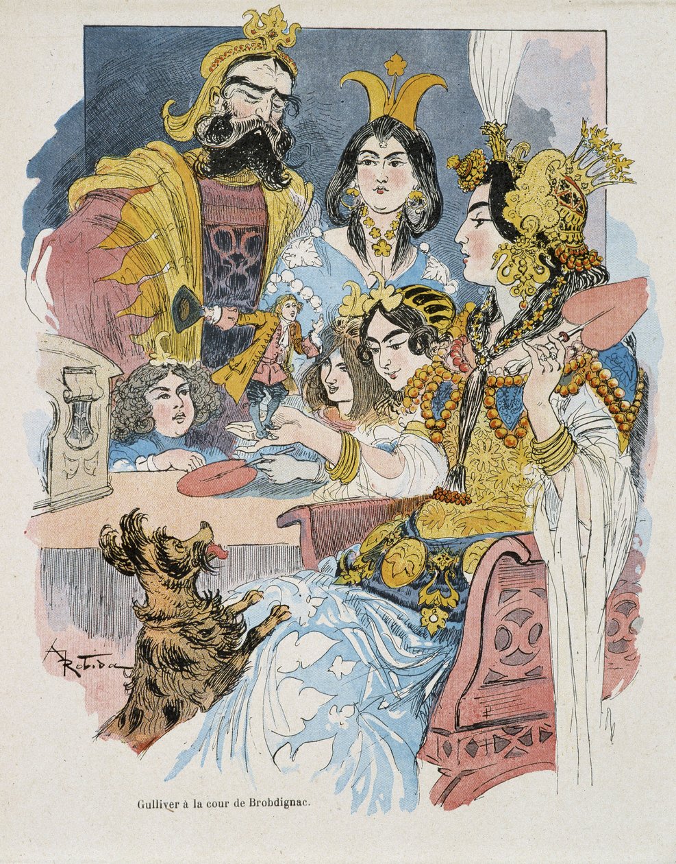 Gulliver at the Brobdignac Court - in Gulliver Voyages by Swift, illustrated by Robida by Albert Robida