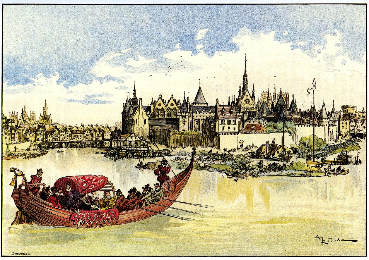 King Henri III in a Boat Laying the First Stone of the Pont Neuf Over the Seine in Paris, May 31 by Albert Robida