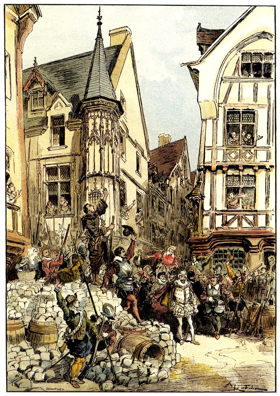 The Duc de Guise Cheered by the Crowd and Soldiers of the Gardes Françaises Regiment in Paris on Barricade Day by Albert Robida