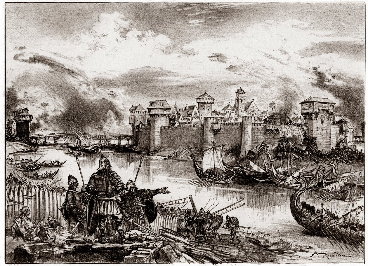 The Vikings, Norman pirates commanded by their leader Siegfried, lay siege to Paris by Albert Robida