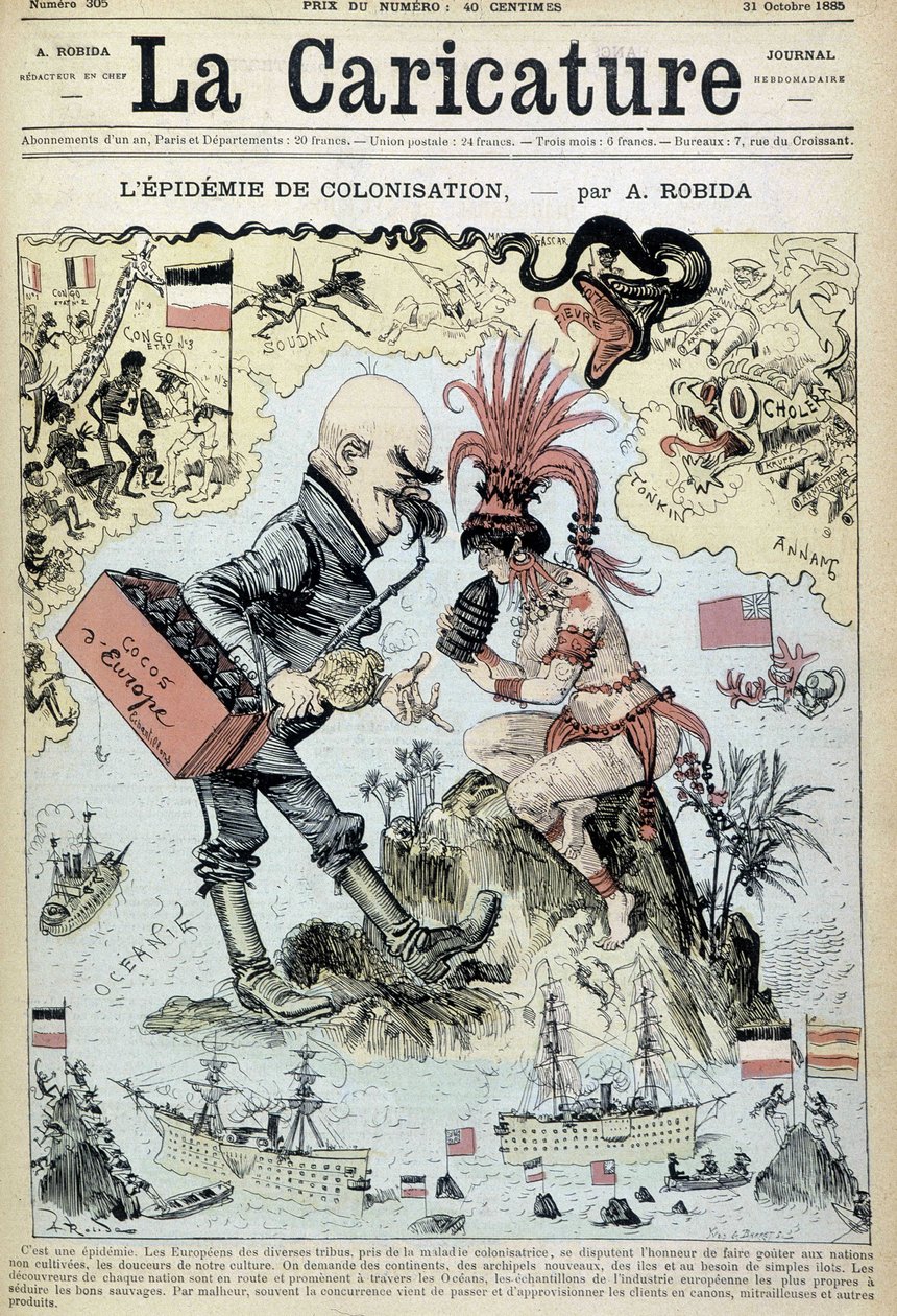 The colonization epidemic: anti-colonialist drawing by Robida - in La Caricature of 31/10/1885 by Albert Robida