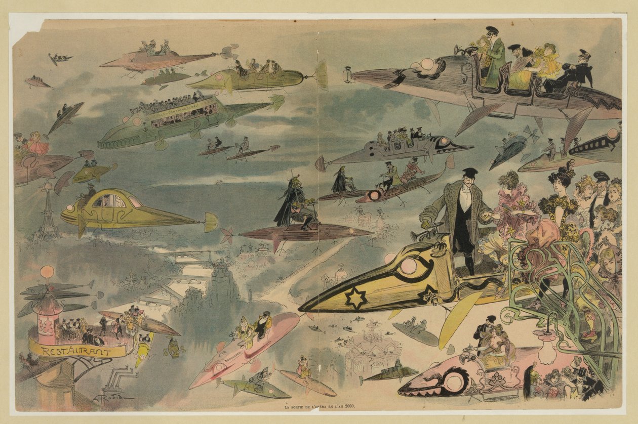 The exit of the opera in the year 2000 by Albert Robida