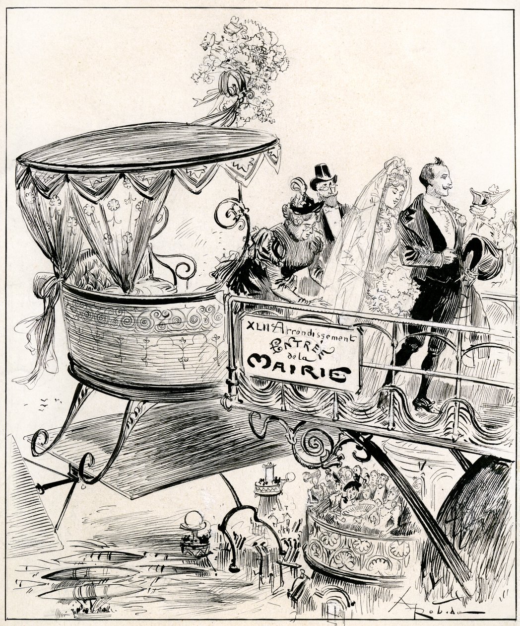 Wedding of the future: a couple arrive in a gondola and enter the aerial entrance to the town hall in the 42nd arrondissement of Paris by Albert Robida