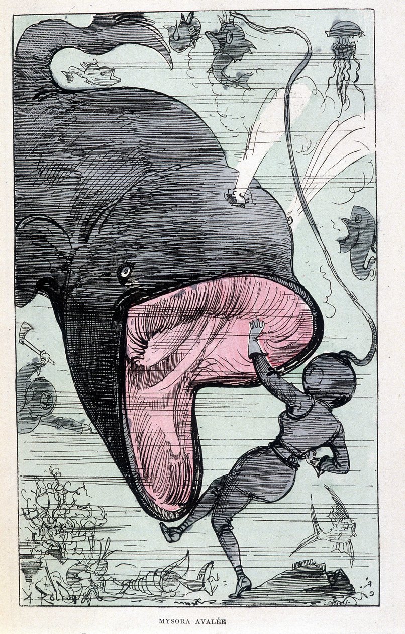 Woman in a diving suit getting swallowed by a whale, parody of Jules Verne, 