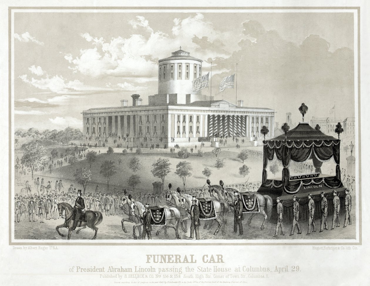 Funeral Car of President Abraham Lincoln Passing the State House at Columbus, April 29, pub. 1865 by Albert Ruger