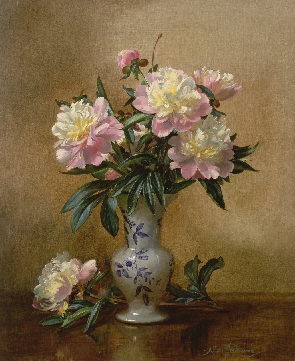 Peonies in a Blue and White Vase by Albert Williams
