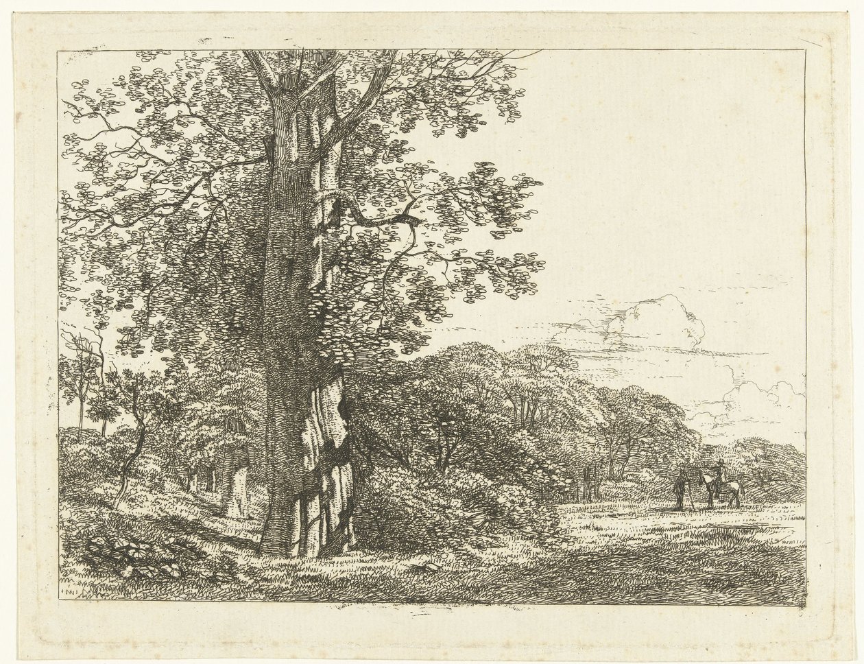 Landscape with Large Beech Tree and Rider Talking to Man by Albertus Brondgeest
