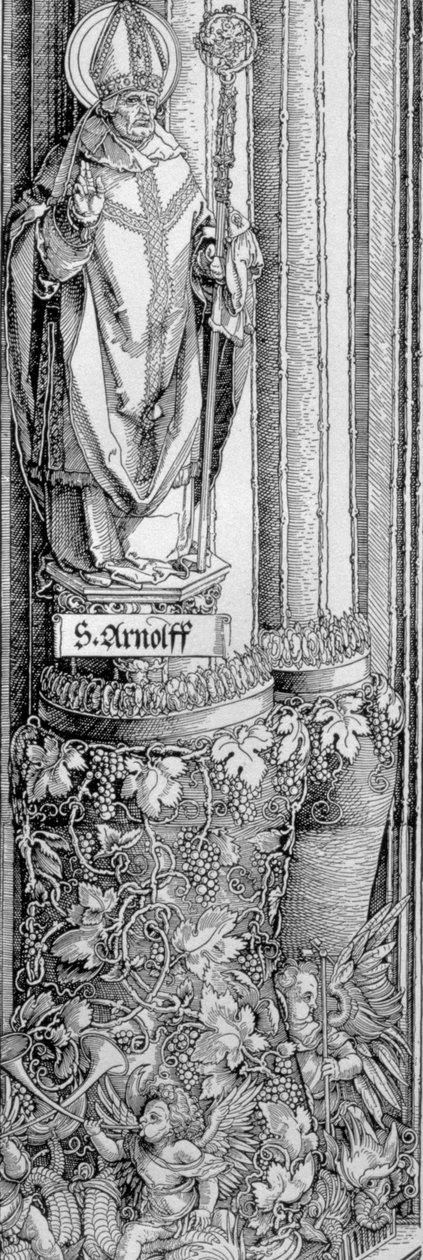 The Triumphal Arch of Emperor Maximilian I of Germany: Detail of Column from Left-Hand Gate Showing Statue of St. Arnulf with a Grape Vine Below and Cherubs Blowing Trumpets by Albrecht Dürer