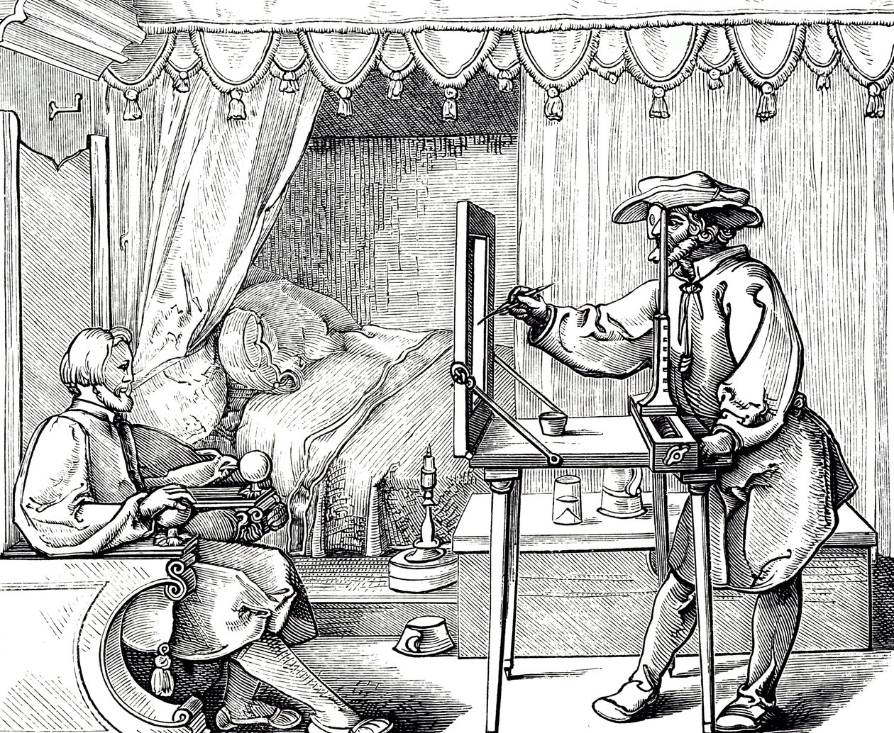 An Artist Using a Drawing Aid to Get the Proportions of a Portrait Correct, Engraving by Albrecht Dürer by Albrecht (after) Durer or Duerer