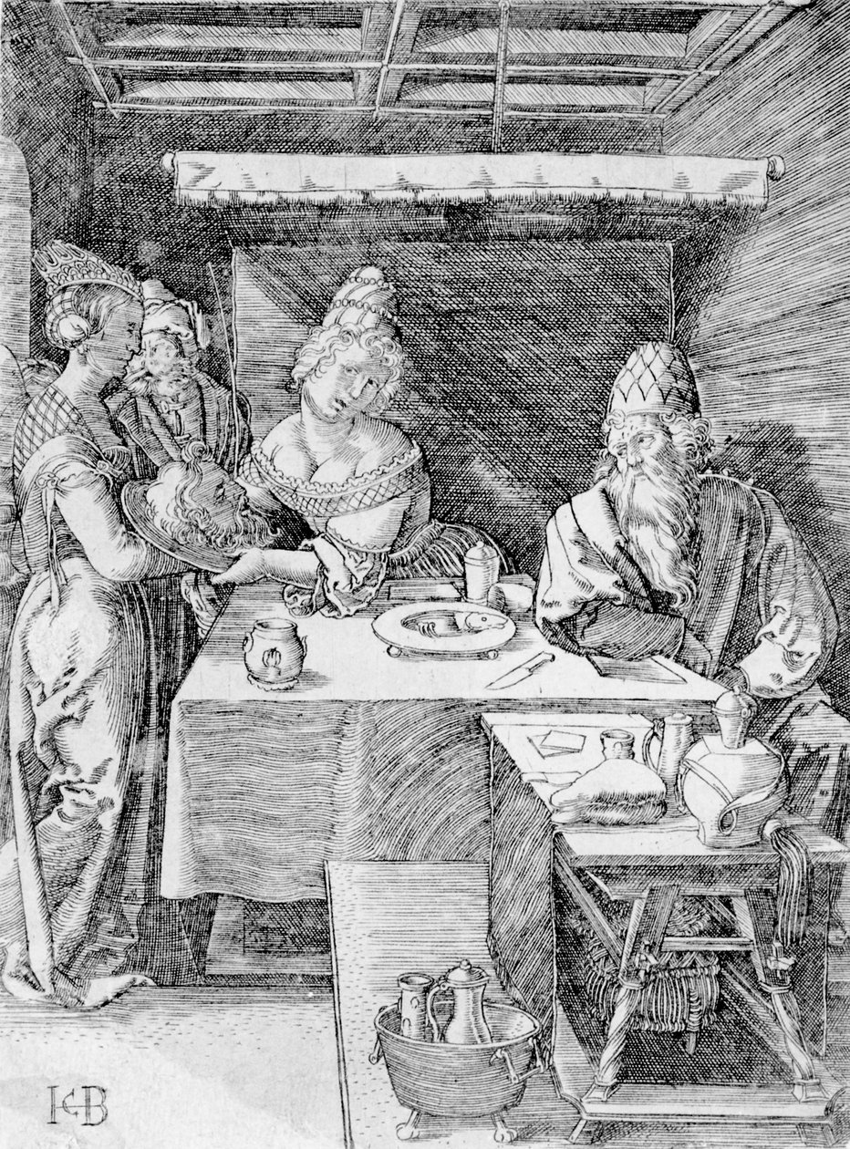 Salome presenting the head of the Baptist to Herodias, engraved by Jacob Binck (engraving) by Albrecht (after) Durer or Duerer