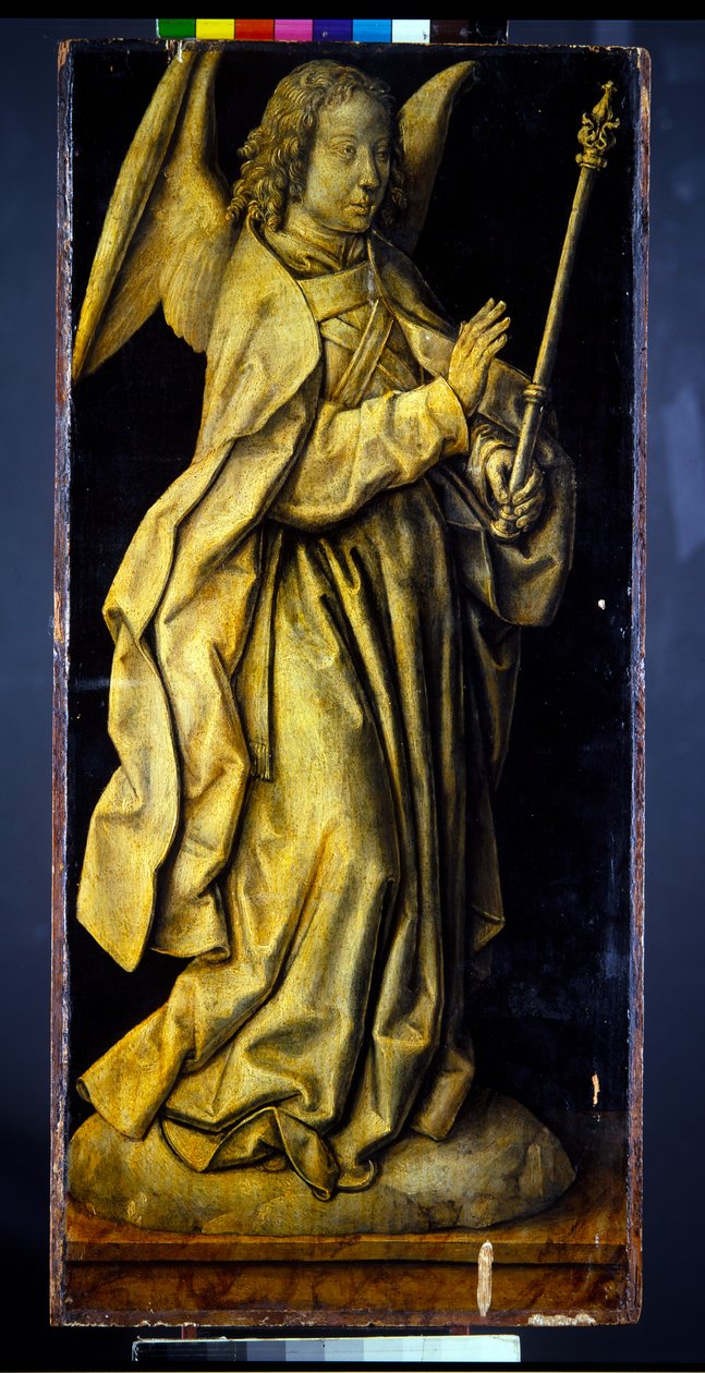 Formerly the Wings of a Triptych, a Pair, Female Figures Personifying Wisdom and Generosity, with the Annunciation (detail) by Albrecht Bouts