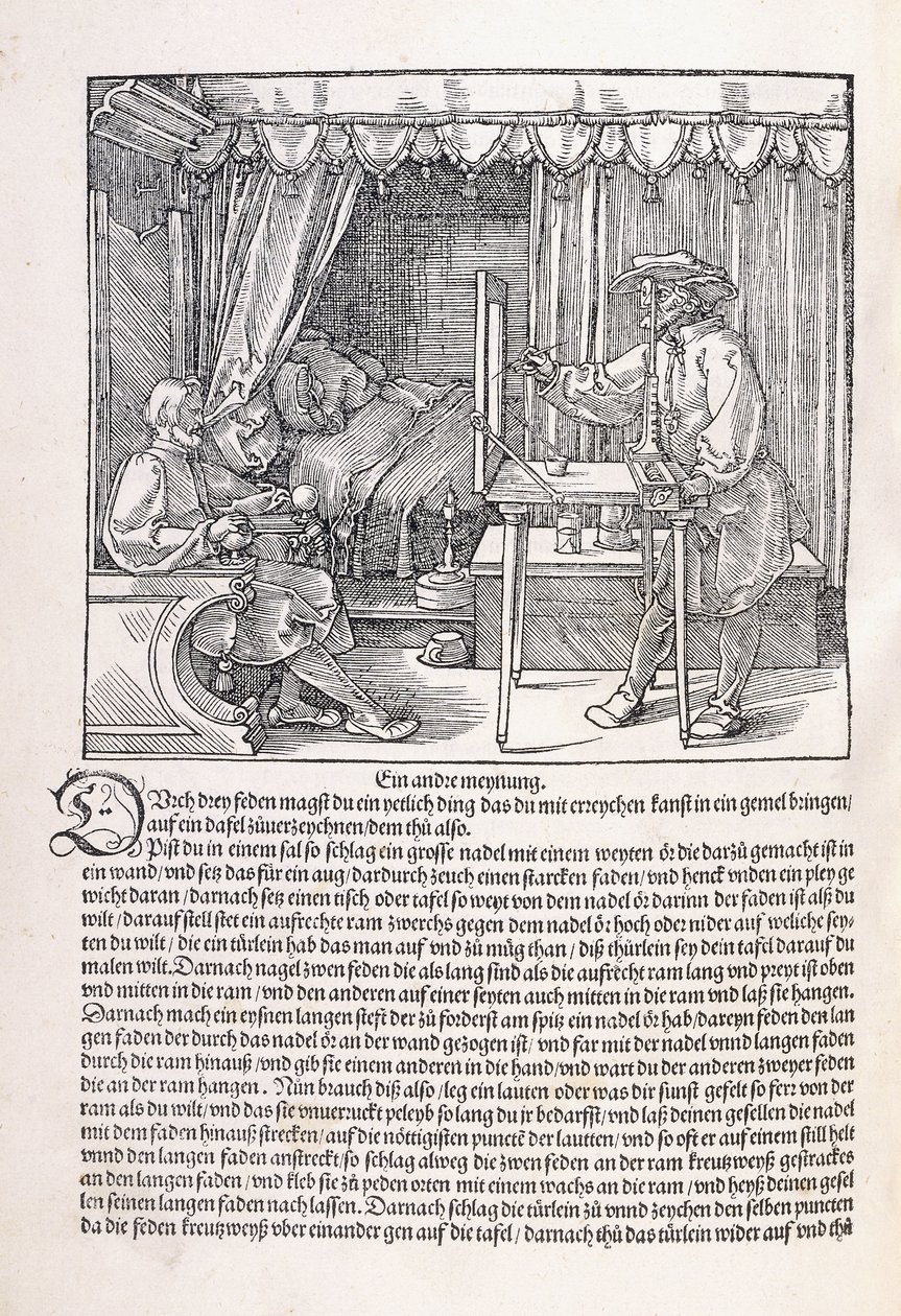 A draughtsman drawing a portrait, using a drawing frame by Albrecht Dürer