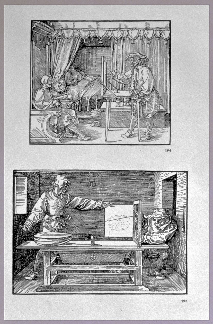 Apparatus for translating three-dimensional objects into two-dimensional drawings, two scenes from the artist