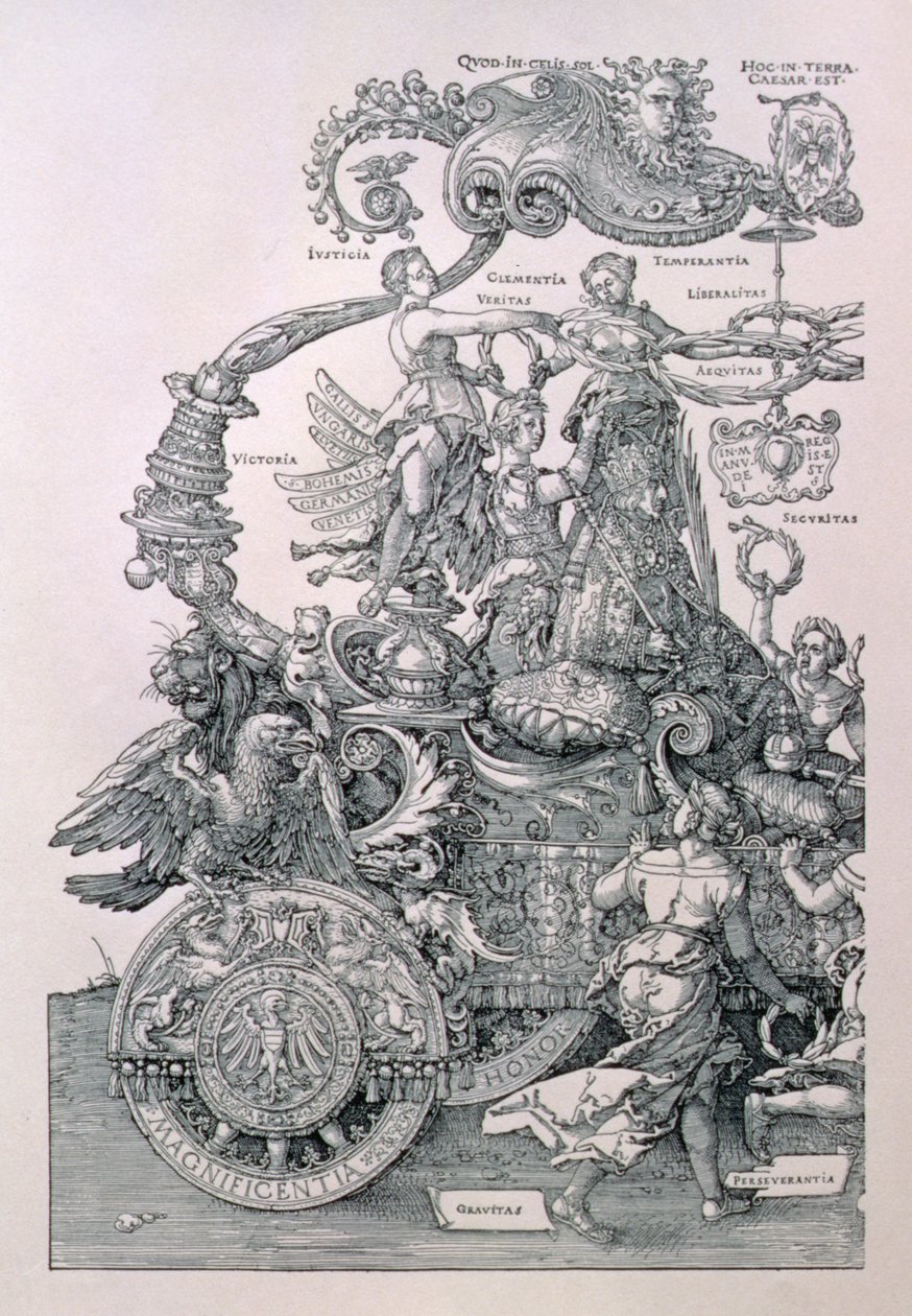 Design for The Great Triumphal Chariot of Emperor Maximilian I: detail showing the Virtues placing a wreath on the head of the Emperor, planned by Willibald Pirckheimer, pub. c.1518 by Albrecht Dürer