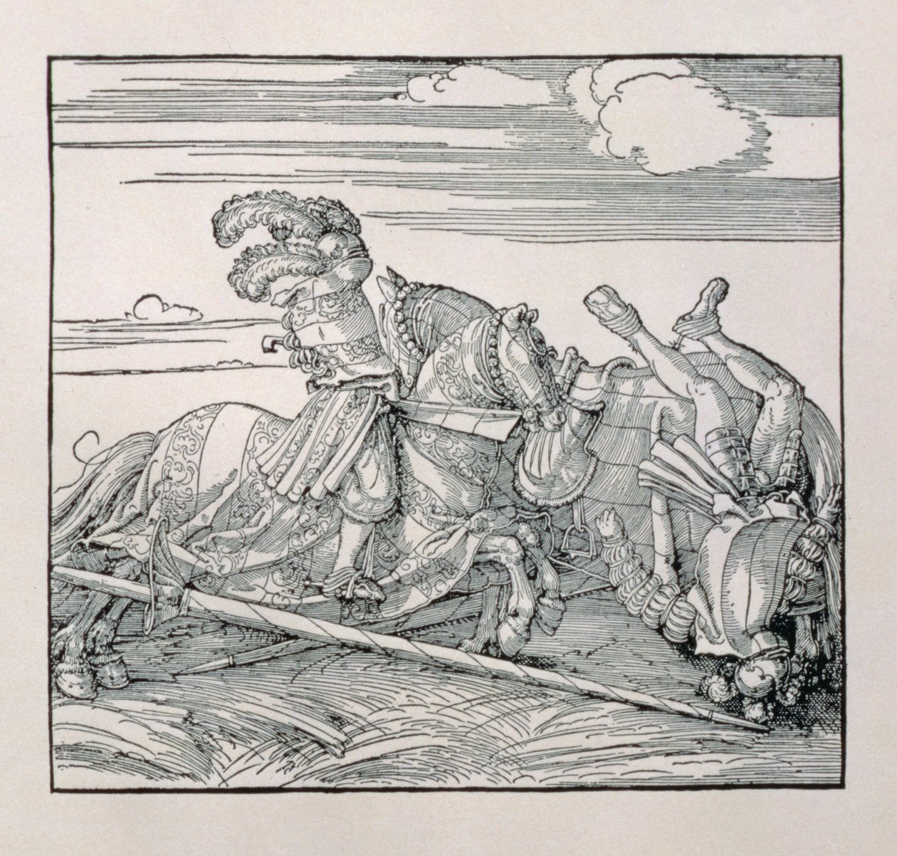 Emperor Maximilian I of Germany unseats an opponent in a joust, from an unpublished book glorifying the Emperor