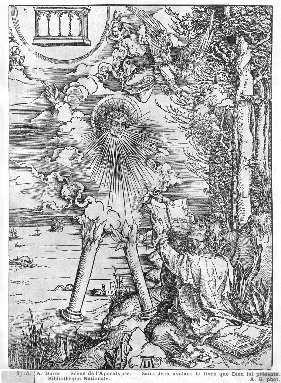 Scene from the Apocalypse, St. John devouring the Book, Latin edition, 1511 by Albrecht Dürer