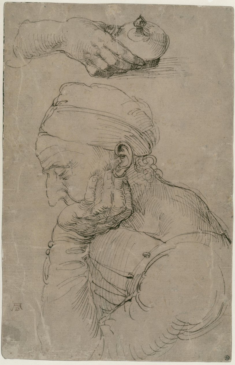 Sleeping Man and Study of a Hand with Ointment Jar by Albrecht Dürer