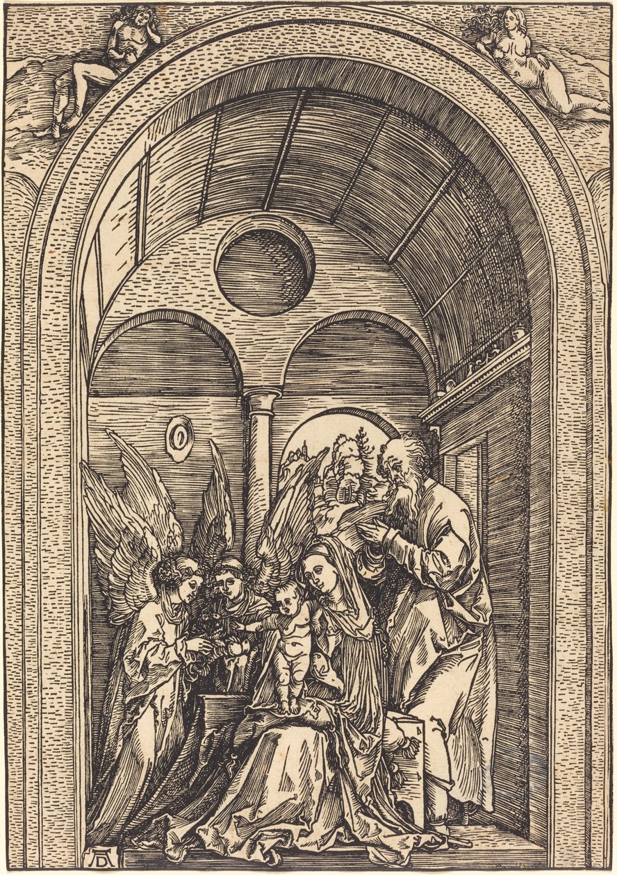 The Holy Family with Two Angels in a Vaulted Hall by Albrecht Dürer