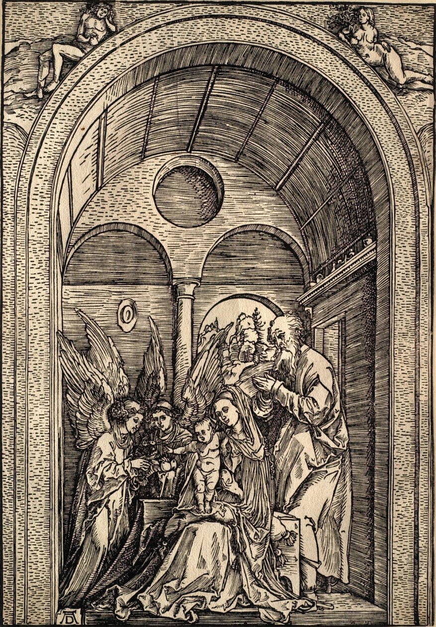 The Holy Family with Two Angels in a Vaulted Hall by Albrecht Dürer