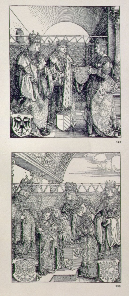 The Triumphal Arch of Emperor Maximilian I: detail showing two panels placed above the left-hand portal depicting events in the life of Emperor Maximilian, pub. 1517-28 by Albrecht Dürer