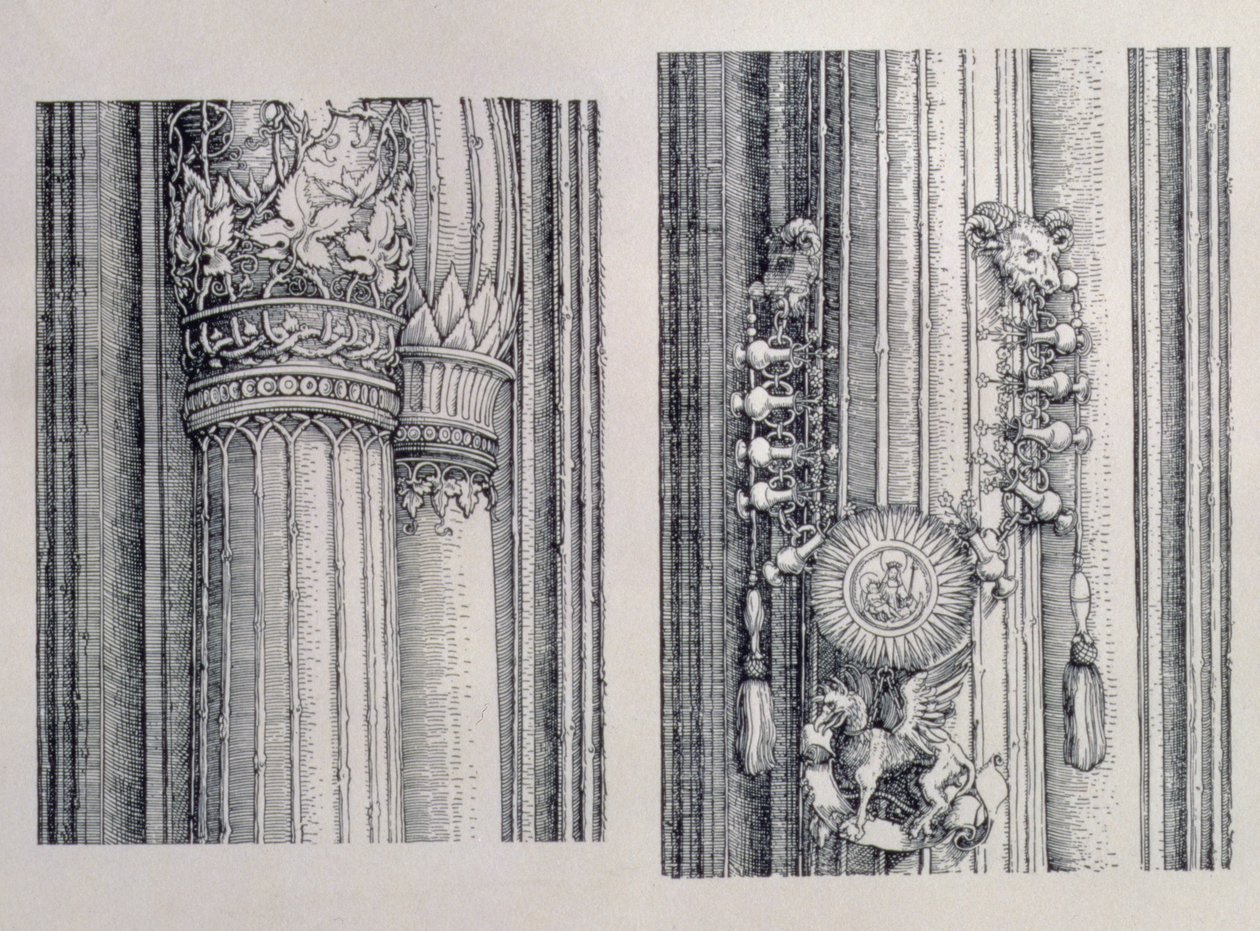 The Triumphal Arch of Emperor Maximilian I of Germany: two details of the central Gates of Honour and Power showing left-hand column and capital embellishments, dated 1515, pub. 1517-18 by Albrecht Dürer