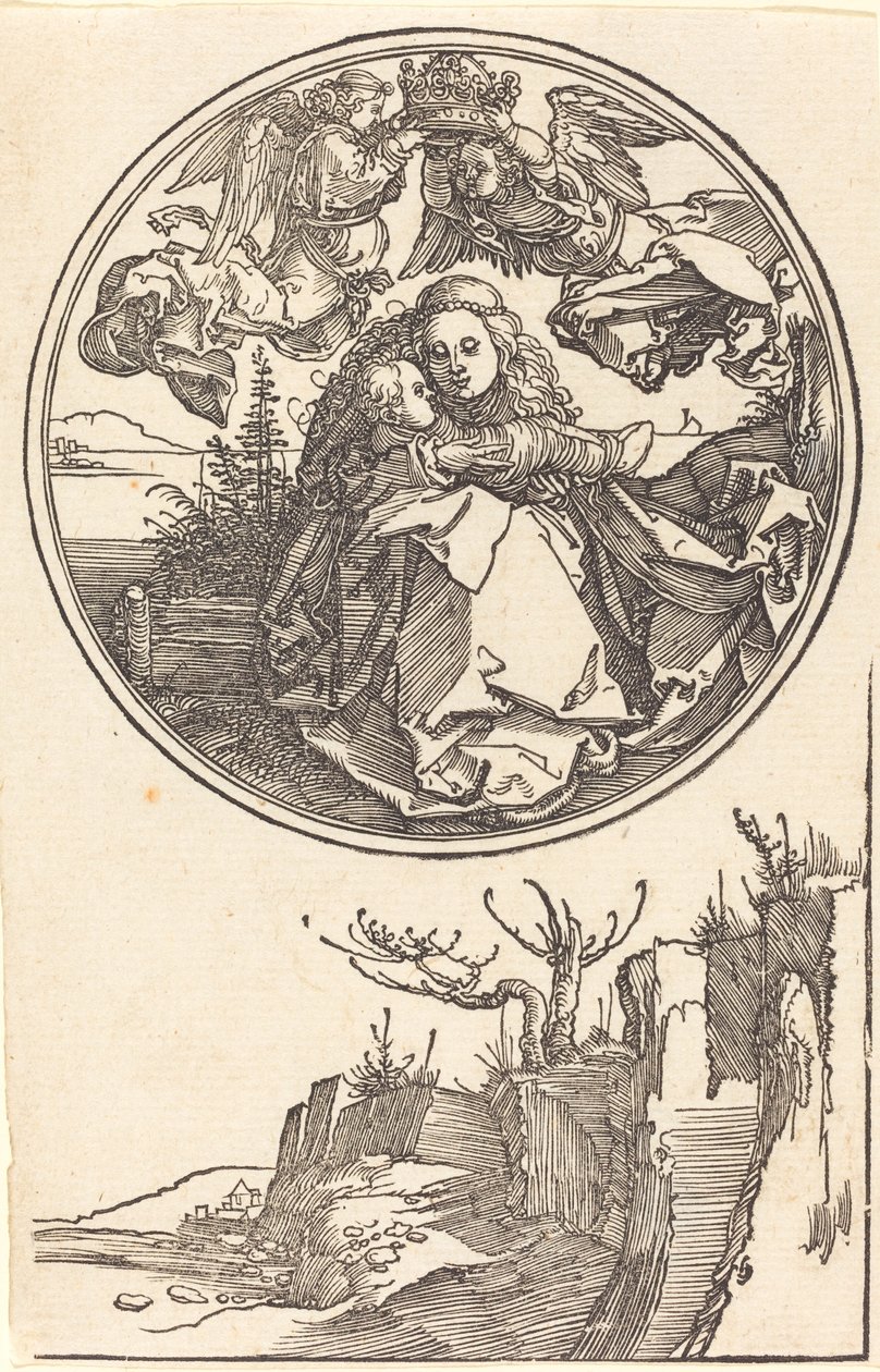 The Virgin Crowned by Two Angels above a Landscape by Albrecht Dürer