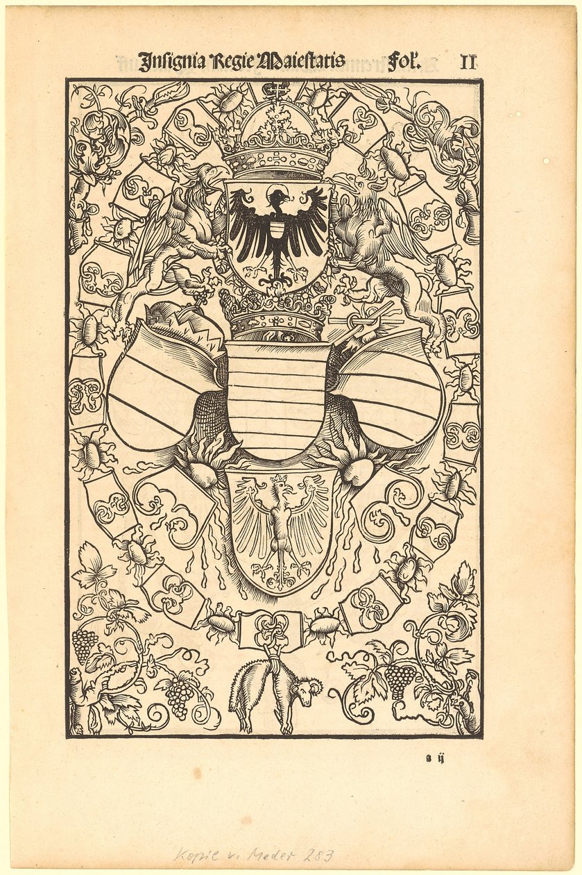 Coat of Arms of Maximilian I as Roman King [recto]; Coat of Arms of Florian Waldauf (Waldauff) von Waldenstein [verso] by Albrecht Dürer