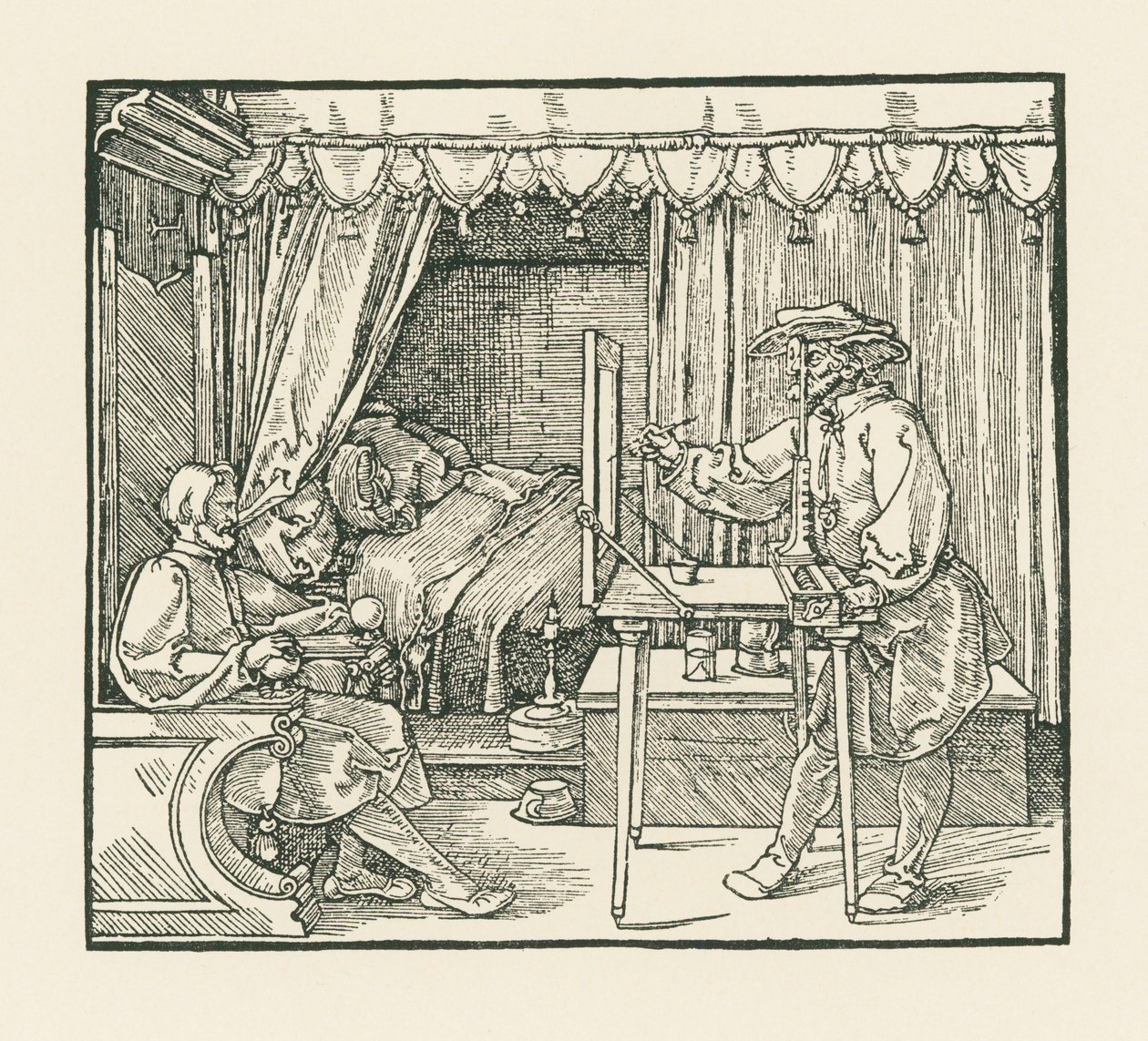 An artist drawing a seated man on to a plane of glass through a sight vane by Albrecht Dürer or Duerer
