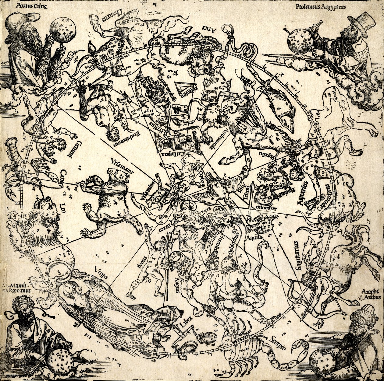 Northern Celestial Hemisphere with Twelve Zodiac Images by Albrecht Dürer or Duerer