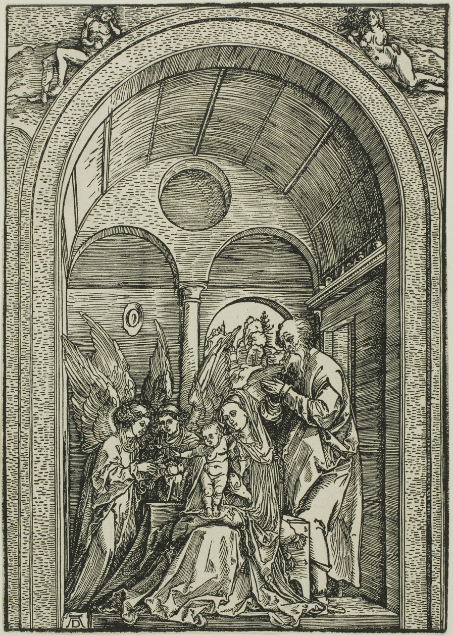 The Holy Family with Two Angels in a Vaulted Hall by Albrecht Dürer or Duerer
