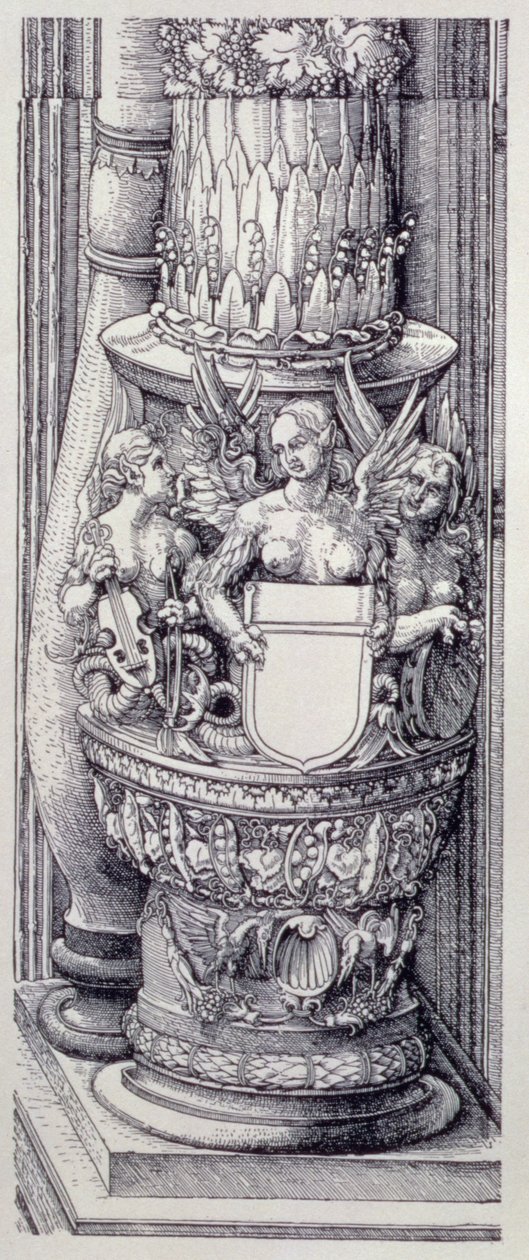 The Triumphal Arch of Emperor Maximilian I of Germany: detail of central Gates of Honour and Power, left-hand column base embellished with bands of foliage and winged female griffins by Albrecht Dürer