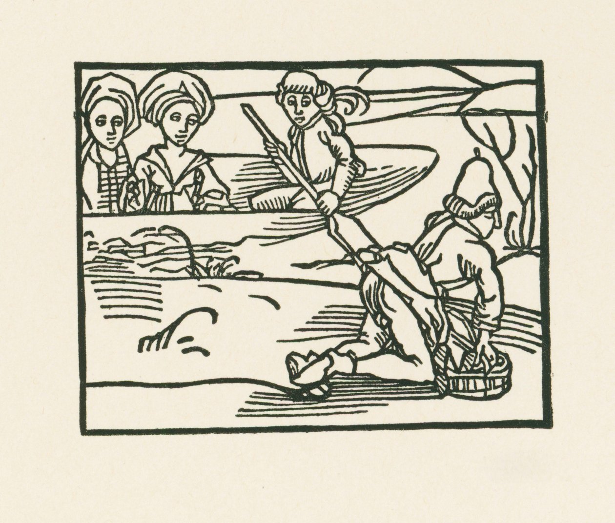 The duchess is in a boat on the water where the Priest is washing his undergarments by Albrecht Dürer or Duerer