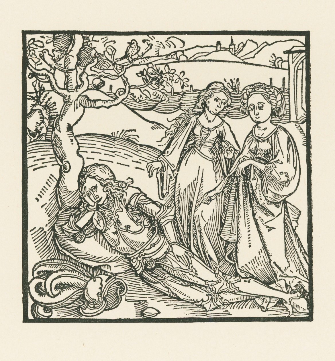 The knight in meditation is joined by his two daughters by Albrecht Dürer or Duerer
