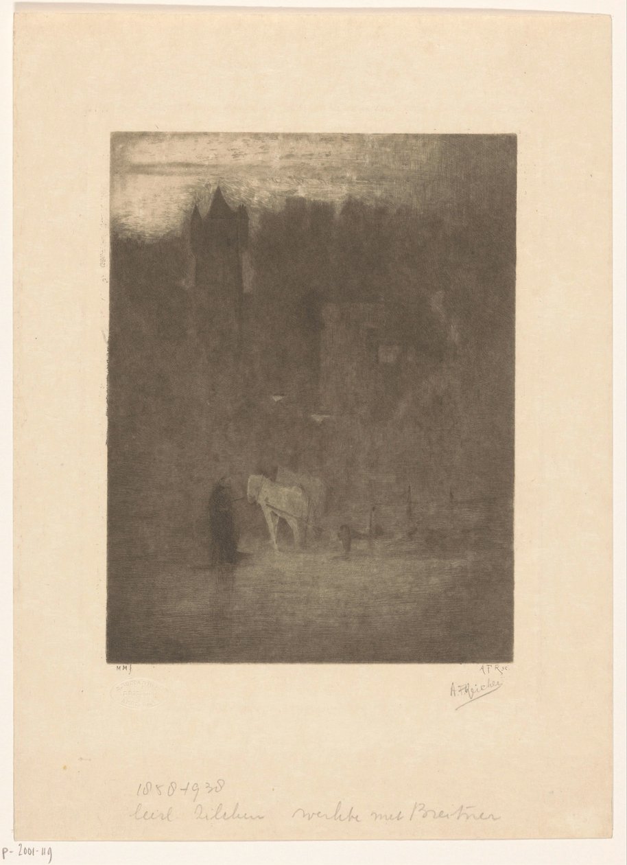 Figure and Two Horses by a Castle in the Mist by Albrecht Felix Reicher (signed by artist)