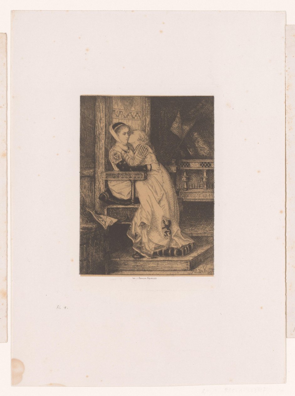 Girl Kissing Another Girl on the Cheek While Seated in a High Chair by Albrecht de Vriendt